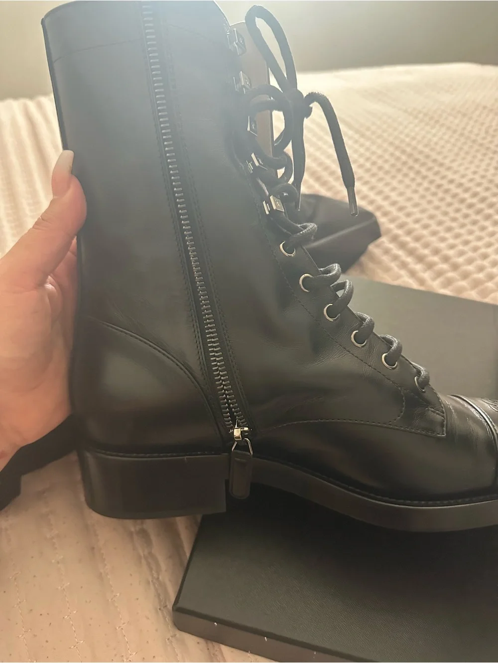 CHANEL Black Leather Lace-Up CC Combat Boots with Logo Toe